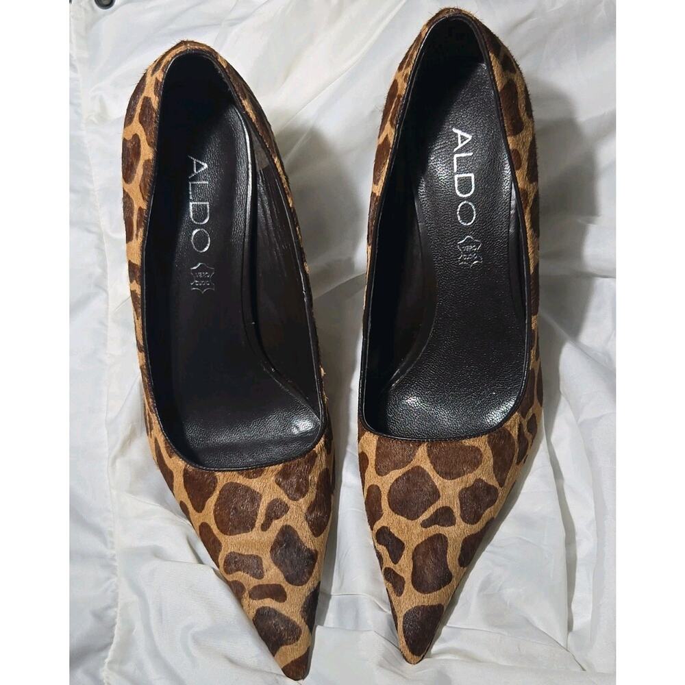 ALDO Brown Leather Animal Print Pointed Toe Pumps Slip On Women's Size 38